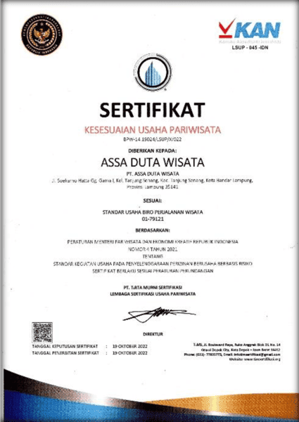 SERTIFIKAT KAN Akreditasi Assa Duta Tour Indonesia
